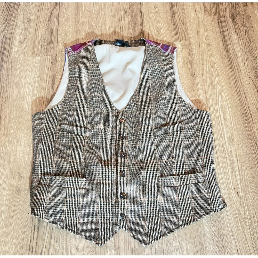 Houston White L Patchwork Plaid Vest Brown Purple Blue Waistcoat Preppy